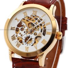 Men Skeleton Automatic Mechanical Stainless Steel Case Leather Wrist Watch Usts