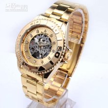 Men Skeleton Golden Dial Gold Crystal Index Stainless Steel Mechanic