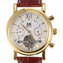 Mens Ak-homme Brown Leather Calendar Golden Automatic Mechanical Wrist Watch