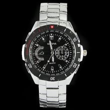 Men's Casual Quartz Watch Silver Dial Large Case Stainless Steel White Band