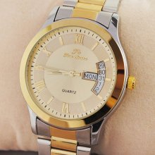 Mens Classic Quartz Wrist Watch Silver Golden Steel Band Calendar Gift