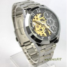 Men's Fashion Skeleton Black Dial Automatic Mechanical S/steel Wrist Watch