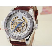 Mens Gold Skeleton Roman Blue Hand Chrono Selfwind Brown Leather Wrist Watch