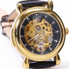 Mens Golden Dial Crystal Hollow Case Black Leather Band Mechanical Watch
