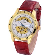 Mens Golden / Silver Bezel Automatic Mechanical Analog Wrist Watch Leather Band