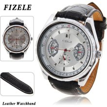 mens new Fizele mechanical skeleton watch w/ white face w/black leather band - White - White Gold