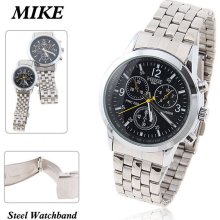 mens new Mike stainless steel chrome quartz watch black white &yellow face