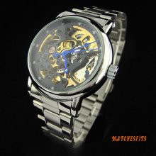 Mens Partially Transparent Dial Stainless Steel Band Automatic Mechanical Watch