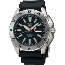 Men's Seiko 5 Stainless Steel Case Rubber Bracelet Automatic Black Dial Day and