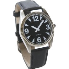 Men's Silver Tone Watch With Black Leather Band Black Face & Large White Numbers