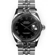 Men's Stainless Steel Black Roman Dial Smooth Bezel Rolex Datejust