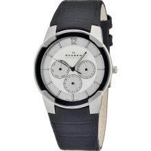 Men's Stainless Steel Case Leather Bracelet Silver Tone Dial Day and D