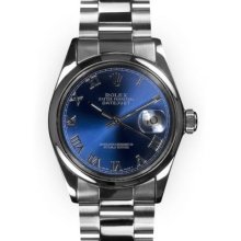 Mens Stainless Steel Oyster Blue Dial Smooth Bezel Rolex Datejust