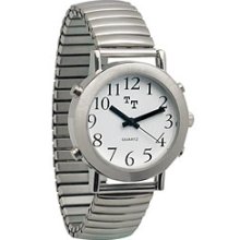 Mens Tel Time Chrome Talking Watch with White Dial Expansion Band