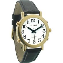 Mens Tel Time Gold Colored Talking Watch with White Dial Leather Band