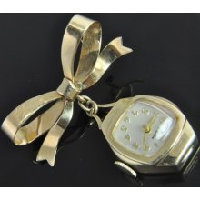 Mid Century Vintage Croton 14k Yellow Gold 17 Jewel Watch Ribbon Bow Pin Brooch