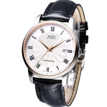 Mido Baroncelli Automatic Cosc Leather Strap Watch White 18k Gold M0104084603320