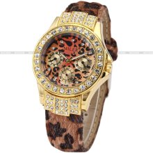 Miler Fashion Silver Case Crystal Lady Women Leather Band Quartz Wrist Watch