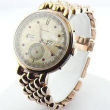 Movado Vintage Fancy 18k Pink Gold Triple Date W/ Ruby Mechanical 1940's Watch