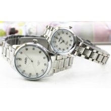 Nary Couple Stainless Steel Watch Modern Waterproof Quartz Wristwatch White Dial