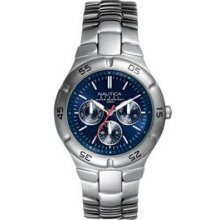 Nautica Men`s Chronograph Watch W/ Silver Stainless Band & Dark Blue Face