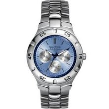 Nautica Men`s Chronograph Watch W/ Silver Stainless Band & Light Blue Face