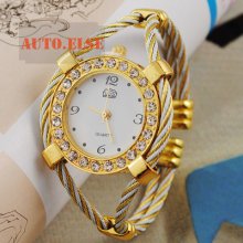 Nice Golden White Bangle Steel Band Crystals Girls Womens Quartz Wrist Watch