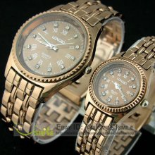 Nice Pairs Couple Lover Watch Diamonds Coffee Gold Steel Quartz Wrist Watch