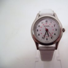 NOS Vintage early 1990s Speidel Silvertone Quartz Retro Woman's Ladies Watch W/RED Sweep Second Hand /White Leather Band Japan Movement
