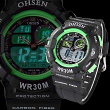 Ohsen Arrival Lcd Dual Time Date Digital Men Rubber Sport Quartz Watch Gbh