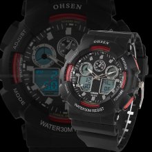 Ohsen Lcd Dual Time Date Digital Analog Men Black Rubber Sport Wrist Watch Gbh