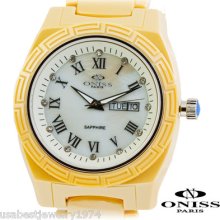 Oniss Beige Ceramic Swiss Watch Crystals Day/date Retail $690