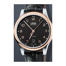Oris Classic Date Rose Gold Two Tone 42mm Watch - Black Dial, Black Leather Strap 73375944394LS Sale Authentic