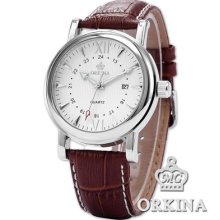 Orkina Date White Dial Brown Leather Men Sport Wrist Quartz Watch Dailyetrade