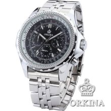 Orkina Genuine Black Dial 6 Hands 24 Hour Stainless Steel Men Quartz Sport Watch