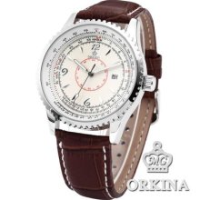Orkina Genuine White Dial Brown Leather Date Analog Men Quartz Sport Wrist Watch