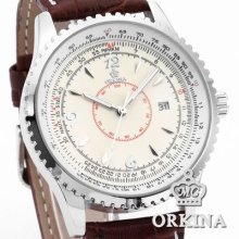 Orkina Luxury White Dial Brown Leather Date Analog Men Quartz Sport Watch Gift