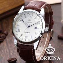 Orkina Mens Fashion Silver Case White Dial Date Analog Sport Quartz Watch Usts