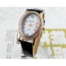 Oval Rhinestone Black Women's Casual Dial Quartz Wrist Watches Hour Clock A956