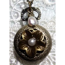 Pearl flower pocket watch pendant, bronze flower with pearl on bronze chain with fresh water pearls