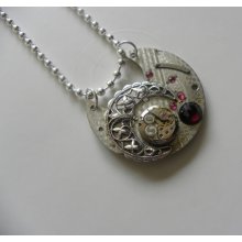Pendant Steampunk Style with a Sterling Silver Necklace, Genuine Vintage Watch and a Faceted Garnet