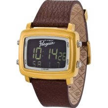 Penguin Unisex Tony Digital Stainless Watch - Brown Leather Strap - Gold Dial - OP-1017GD