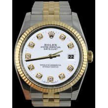Perpetual rolex white diamond dial fluted bezel datejust watch SS & gold jubilee