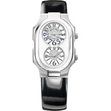 Philip Stein Signature Mens Black Patent Leather Strap Dual Time Watch