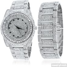 Platinum Finish Crushed Ice Loaded Watch Set