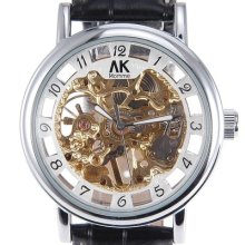 Promotion Black Leather Ak-homme Men Skeleton Mechanical Wrist Watch Ak139