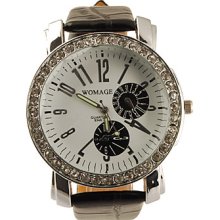 PU Big Dial Leather Band Crystal Characteristic Women Girl Ladies Wrist Watch - Black