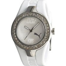 Puma Womens Grid Crystal Accented Stainless Steel Case White Rubber Strap Watch