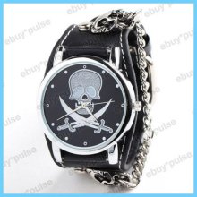 Punk Rock Skull Leather Band Women Men Unisex Chain Bracelet Cool Wrist Watch