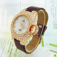 Purple Leather Crystal Quartz Analog Watch Ladies Girls Elegant Wristwatch M659p
